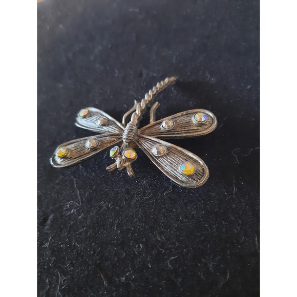 Dragonfly Pin Silver Tone Metal Rhinestones - Picture 2 of 4